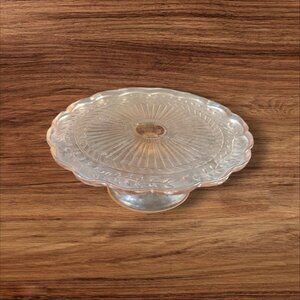 Vintage Pink Depression Glass Cake Stand With Scalloped Edges & Floral Design 9"
